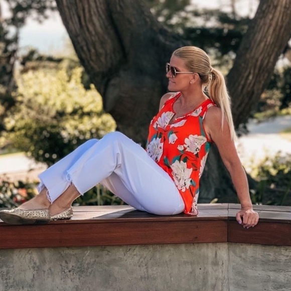 CABI MANET ORANGE FLORAL BUTTON UP SLEEVELESS SHEER TANK BLOUSE - SIZE LARGE - Picture 5 of 12